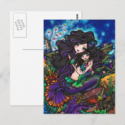 Mam en Baby Mermaid Fantasy Marine Art Briefkaart (Voorkant / Achterkant)