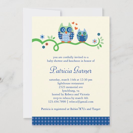 Mam en Baby Owl Baby Boy Shower Invitation Kaart (Voorkant)