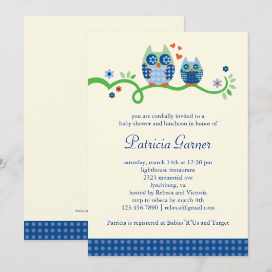 Mam en Baby Owl Baby Boy Shower Invitation Kaart (Voorkant / Achterkant)