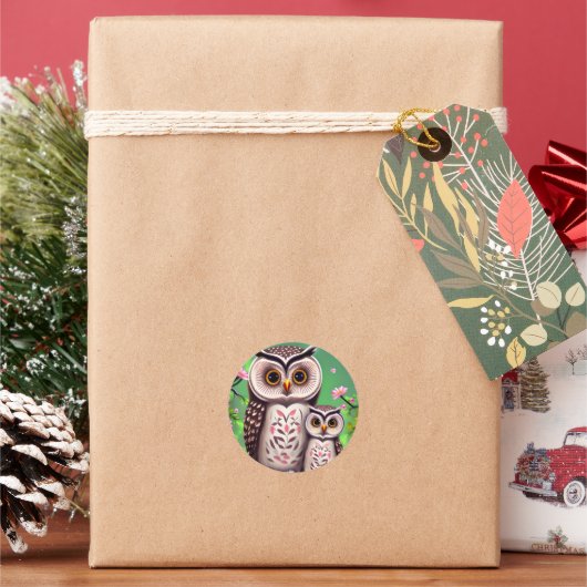 Mam en Baby Owl Ronde Sticker (Feestdagen)