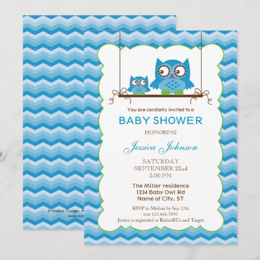 Mam en Baby Owls Boy Baby shower Invitation Kaart (Voorkant / Achterkant)