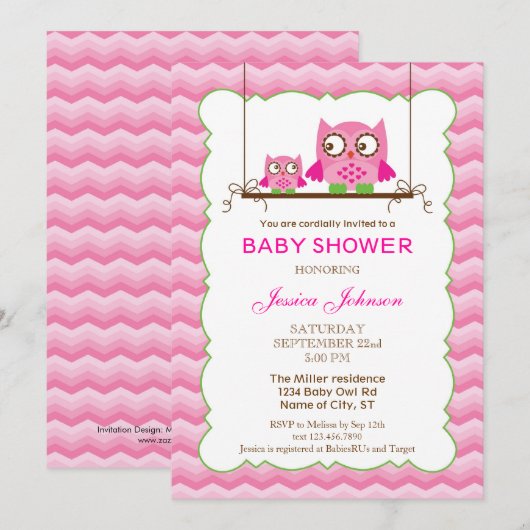 Mam en Baby Owls Girl Baby shower Invitation Kaart (Voorkant / Achterkant)