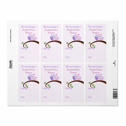 Mam en Baby Paarse Uilen Boek Label (Full Sheet)