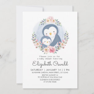 Mam en Baby Penguin Floral Baby shower Kaart
