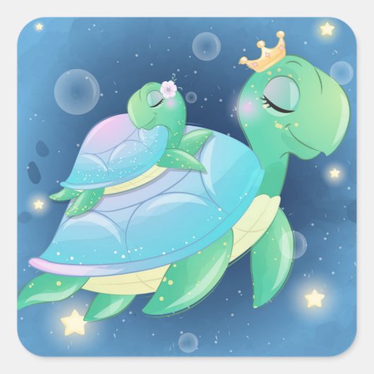 Mam en Baby Zee schildpad Vierkante Sticker (Voorkant)