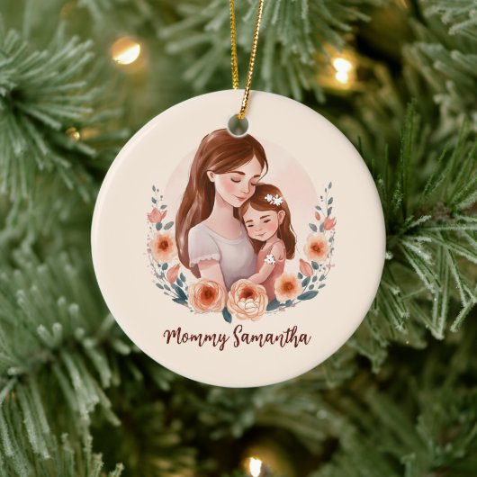 Mam en dochter met Roos Wreath Keramisch Ornament (Boom)