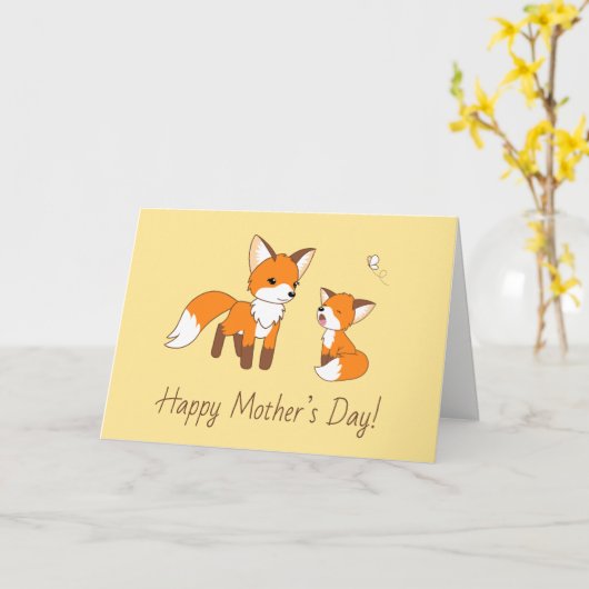 Mam en Kit Fox Moederdag Geel Blank Kaart (Gele Bloem)