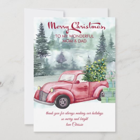 Mam en pap  Red Truck en kerstboom Feestdagenkaart (Voorkant)