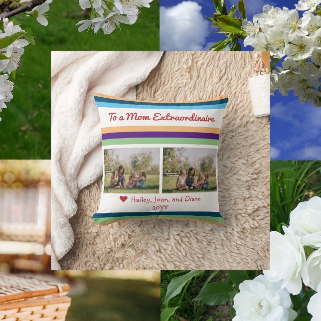 Mam Extraordinaire 2 Foto's Names Script Modern Kussen (Modern, minimalist photo pillow for a Mom Extraordinaire)