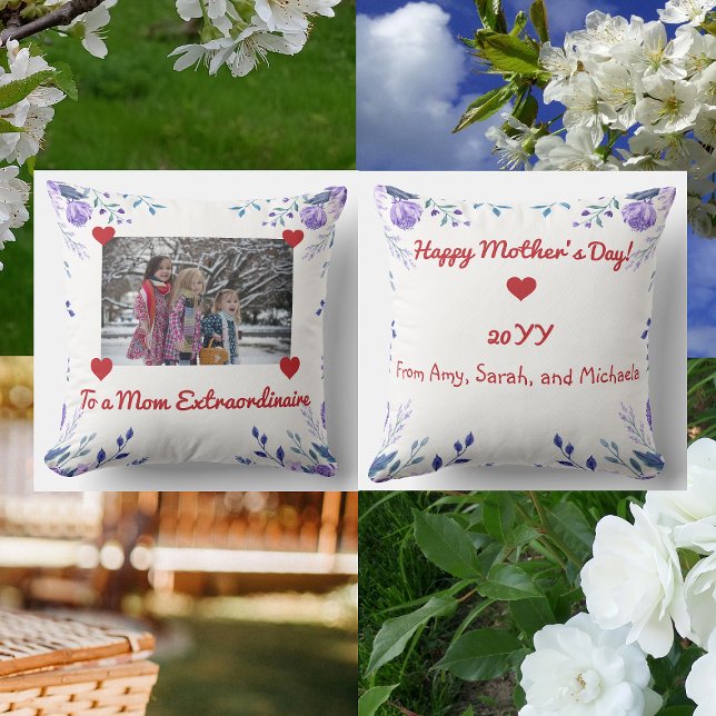 Mam Extraordinaire Harten Foto Floral Chic Script Kussen (To a Mom Extraordinaire. Elegant and cute floral photo pillow with hearts)