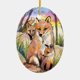 Mam Fox en Baby Foxes bij Zonnevaste Bossen Keramisch Ornament