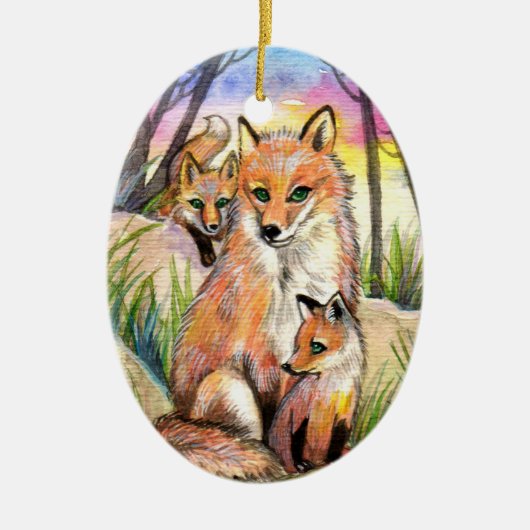 Mam Fox en Baby Foxes bij Zonnevaste Bossen Keramisch Ornament (Voorkant)
