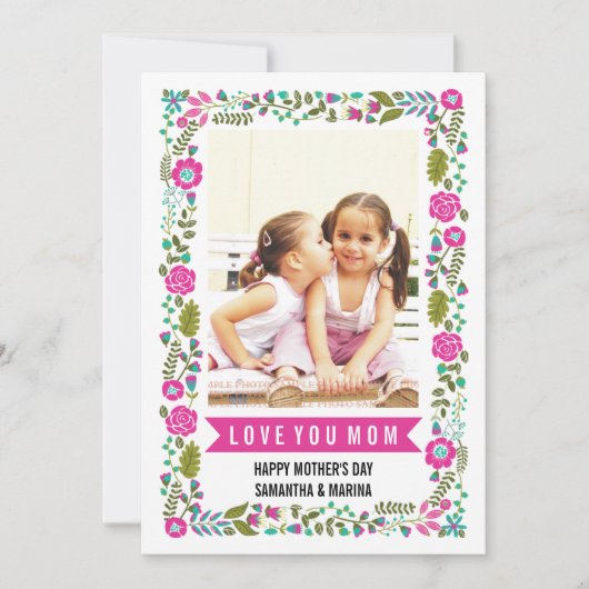 Mam, Gelukkige Moeders Dag aqua, hete roze bloemen Kaart (Voorkant)