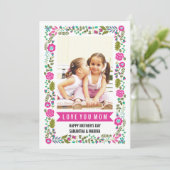 Mam, Gelukkige Moeders Dag aqua, hete roze bloemen Kaart (Staand voorkant)