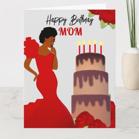 Mam Glam Red Roses & Cake African American Kaart (Voorkant)