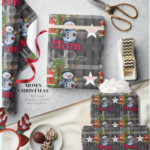 "Mam" grijze geruite sneeuwman kerstcadeaupapier Cadeaupapier