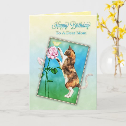 Mam, Happy Birthday met een speelse kat Kaart (Gele Bloem)