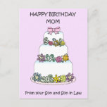 Mam Happy Birthday van Son and Son in Law Briefkaart<br><div class="desc">Een delicate meerlaagse pastelkleurige cake tegen een bleke achtergrond. De woorden 'Happy Birthday Mam van je zoon en zoon in de wet' vergezellen het afbeelding.</div>
