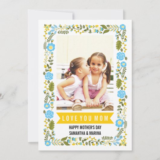 Mam, Happy Mothers Day aqua, gele bloemfoto Kaart (Voorkant)