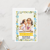 Mam, Happy Mothers Day aqua, gele bloemfoto Kaart (Voorkant / Achterkant in situ)