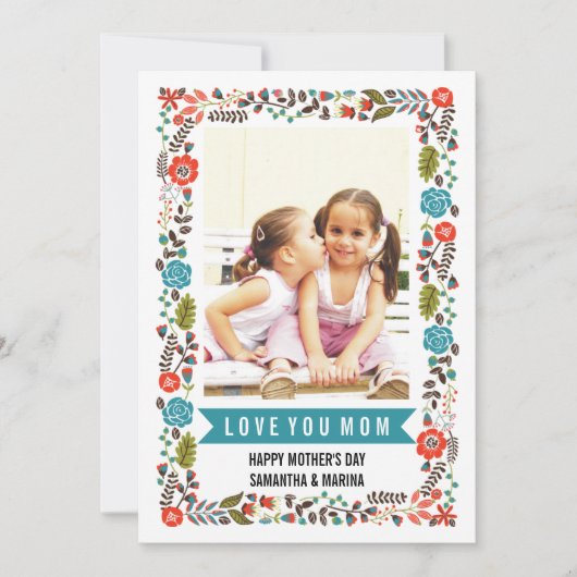 Mam, Happy Mothers Day blauwgroen en rode bloemfot Kaart (Voorkant)
