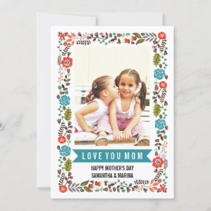 Mam, Happy Mothers Day blauwgroen en rode bloemfot Kaart
