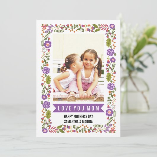 Mam, Happy Mothers Day paars, oranje bloemetfoto Kaart (Staand voorkant)