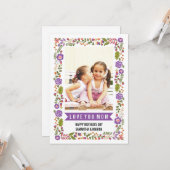 Mam, Happy Mothers Day paars, oranje bloemetfoto Kaart (Voorkant / Achterkant in situ)