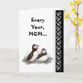 Mam Humor en Love Birthday, Puffins. vogel Kaart (Gele Bloem)