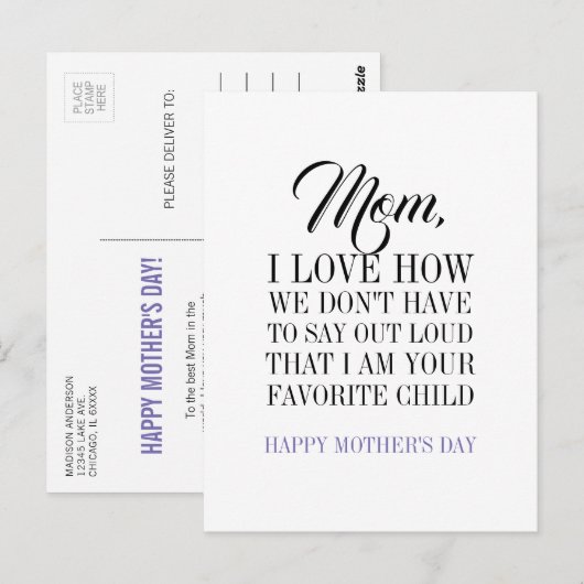 Mam, ik ben je favoriete Moederdag Briefkaart (Voorkant / Achterkant)