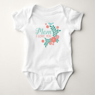 Mam ik hou van jou tekst, blauwe vogel, roze bloem romper