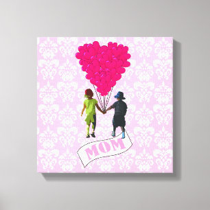 Mam, kinderen met hartvormige ballonnen canvas afdruk