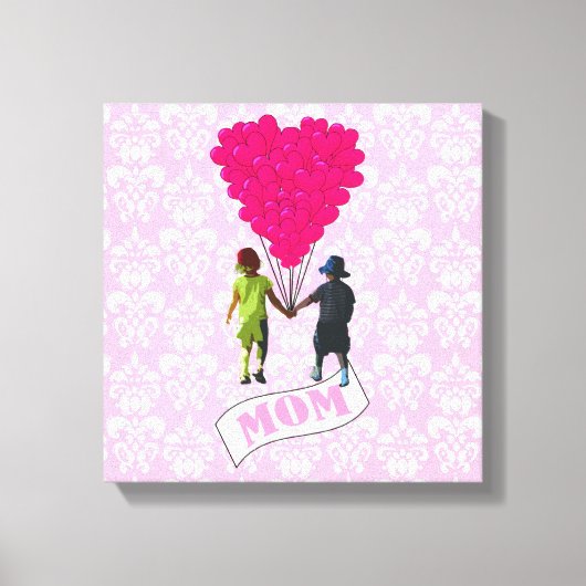 Mam, kinderen met hartvormige ballonnen canvas afdruk (Voorkant)
