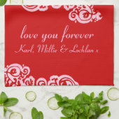 Mam liefde keukenhanddoek roze & rood (Gevouwen)