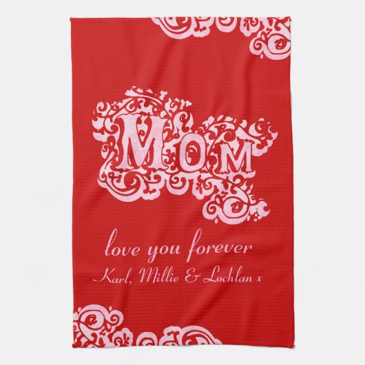 Mam liefde keukenhanddoek roze & rood (Verticaal)