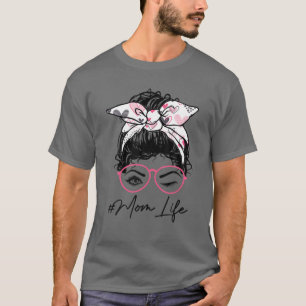 Mam Life Messy Bun Wink Eye Heart Pink Hoofdband M T-shirt