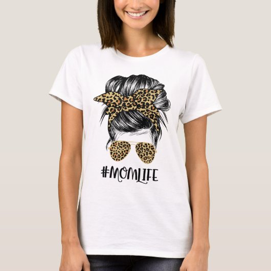 Mam Life Messy Hair Bun Leopard Women Moederdag T-shirt (Voorkant)