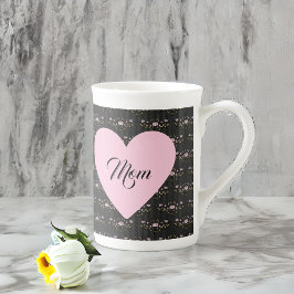 Mam Moederdag Heart op zwarte Floral Porselein Kop