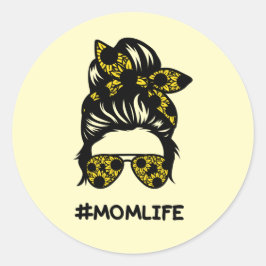 Mam #momlife rommelige bun zonnebloem ronde sticker
