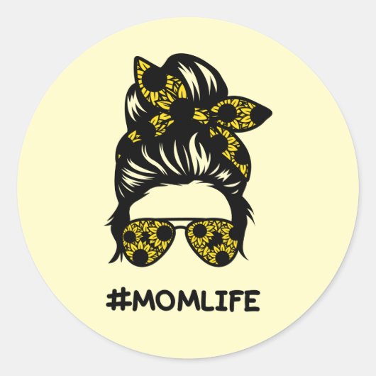 Mam #momlife rommelige bun zonnebloem ronde sticker (Voorkant)
