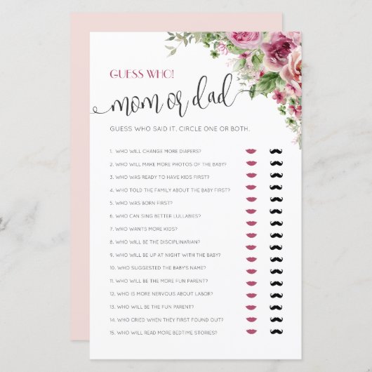 Mam of Pap Baby shower Spel (Voorkant / Achterkant)