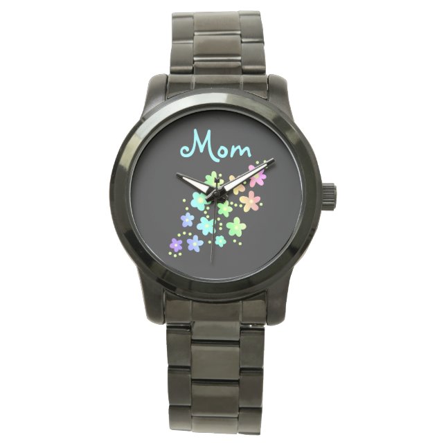 "Mam" Rainbow Flowers Horloge (Voorkant)