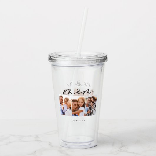 mam schattig modern script multi foto gift acryl drinkbeker (Achterkant)
