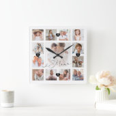 Mam Script Family Memory Photo Grid Collage Vierkante Klok (Huis)