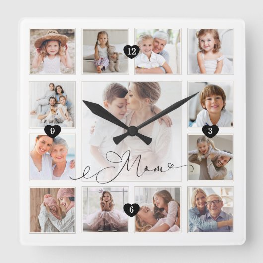 Mam Script Family Memory Photo Grid Collage Vierkante Klok (Voorkant)