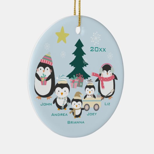 Mam, vader en drie kinderen ~ pinguïns keramisch ornament (Rechts)