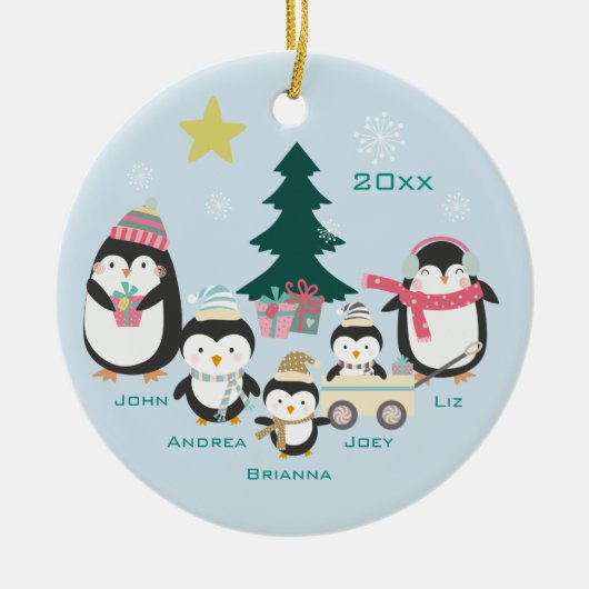 Mam, vader en drie kinderen ~ pinguïns keramisch ornament (Voorkant)