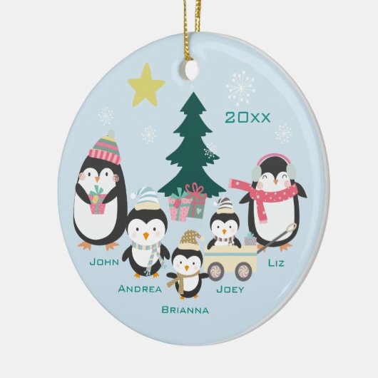 Mam, vader en drie kinderen ~ pinguïns keramisch ornament (Links)
