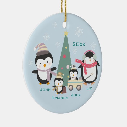 Mam, vader en twee kinderen ~ pinguïns keramisch ornament (Rechts)