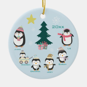 Mam, vader en vier kinderen ~ pinguïns keramisch ornament